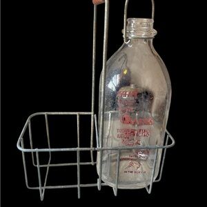 Vintage Glass Milk Bottle with Metal Carrier